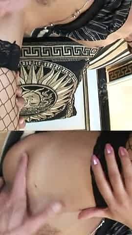Big dick dude fills up her tight young anus as she rides him in fishnet