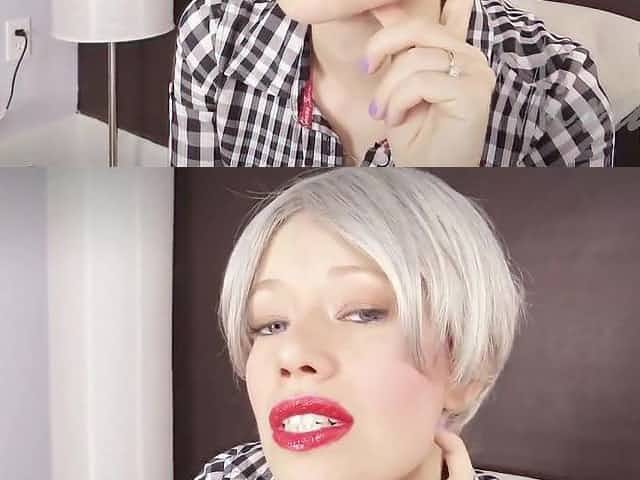 Blonde lady with red lips is gently sucking her lover's cock, instead of his wife