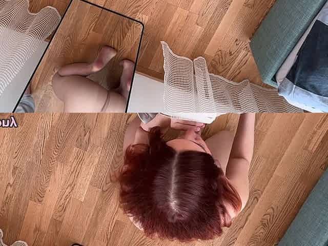 POV Blowjob & Facial in Front of Mirror in Tan Pantyhose