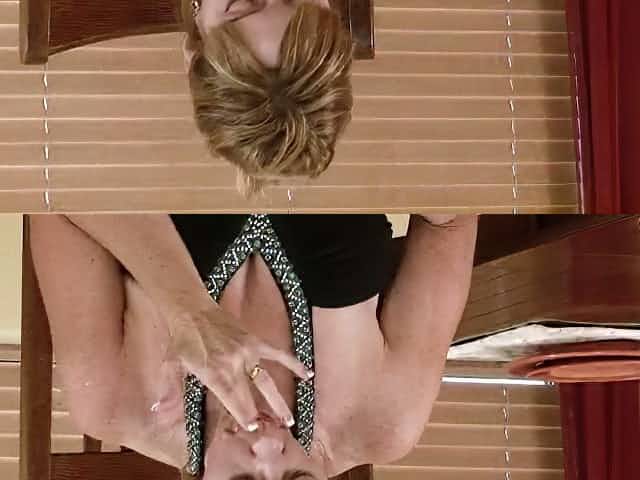 Lusty cougar in black dress Samantha Stone gonna massage her own saggy tits