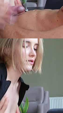 Guy Titjob Huge Dick and Cum in Cute Blonde's Hot Mouth!