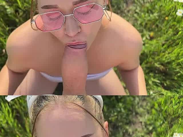 Banging small Montanasvibe in the field. Public place, schoolgirl, cutie