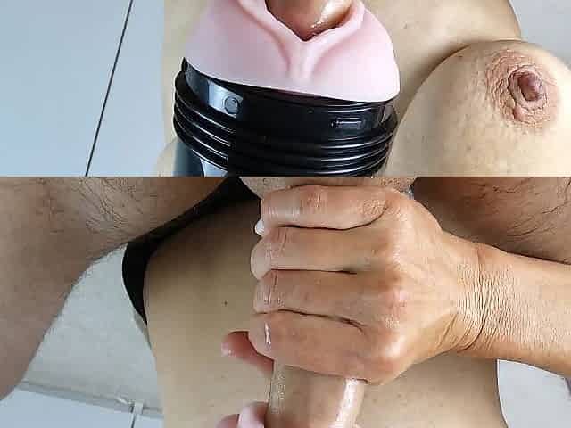 Chick let him bang to fleshlight vagina and get a large spunk flow on her breasts
