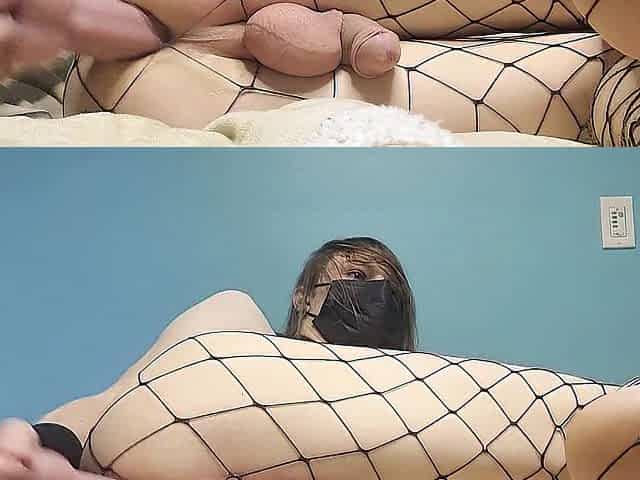 Sissy femboy in fishnets bangs butt with sextoy