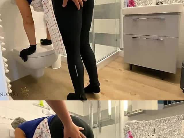 Cleaning lady is used from behind by the landlord - that babe cleans her cum cunt with gloves