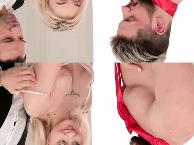 Flexible blonde gets pounded in all holes by meaty guys