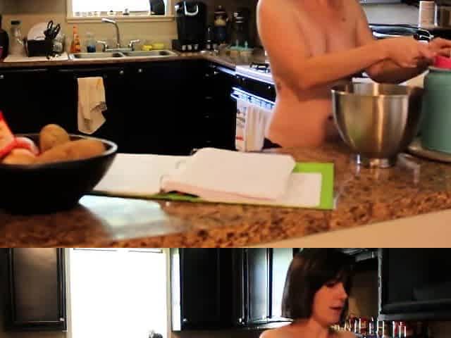 Amateur all Natural MILF Topless Cooking in Thongs