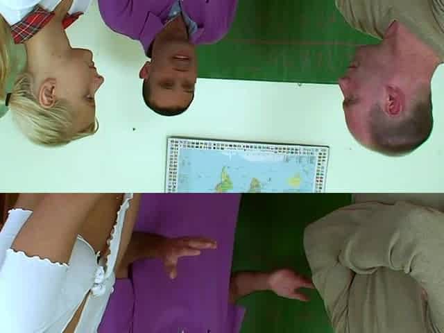 Golden-haired student gives 2 teachers head and screws 'em until they cum