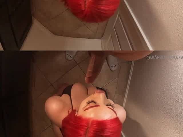 Big monster tits on curvy redhead BBW giving POV homemade blowjob sex in bathroom