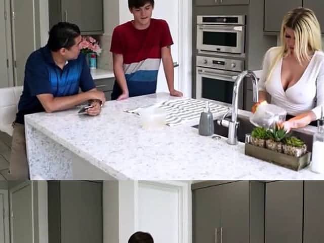 Busty MILF tries to hold her moans while stepson pounds her vag from behind