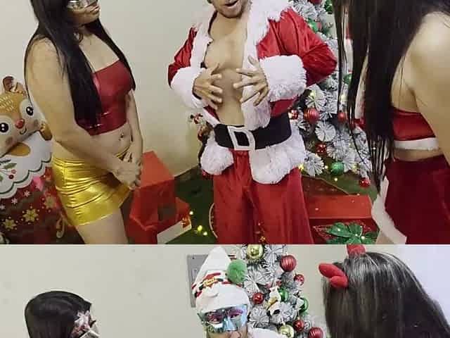 Christmas three-some with Santa Claus and 2 large-bootied, large-breasted stepsisters