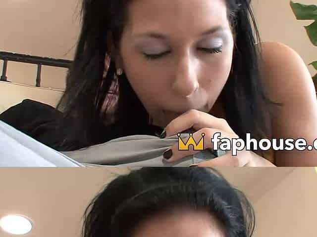 Teen with long dark hair gets facial cumshot from a partner
