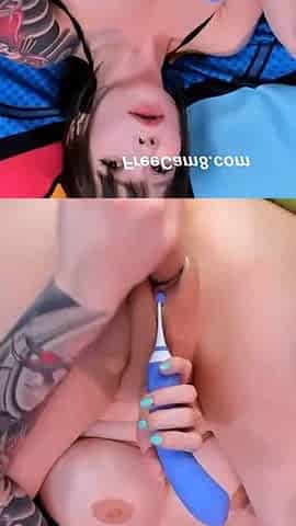 Tattooed Cutie Wildly Fucking Herself with a Massive Dildo