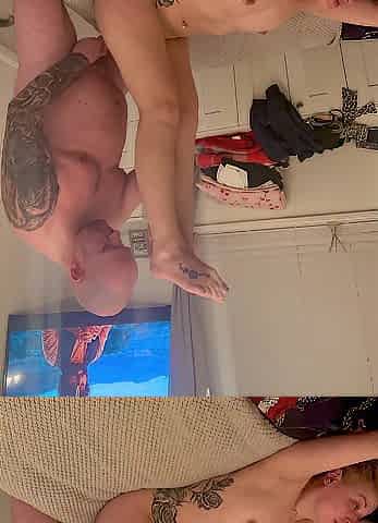 Tiny blonde hotwife legs high banged unfathomable by tattooed spouse. Full clip on OnlyFans