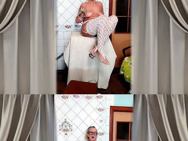 Hot Housewife Lukerya in Glasses and White Stockings with Bare Breasts