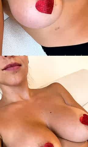 Busty curly brunette with big boobs fucks on couch