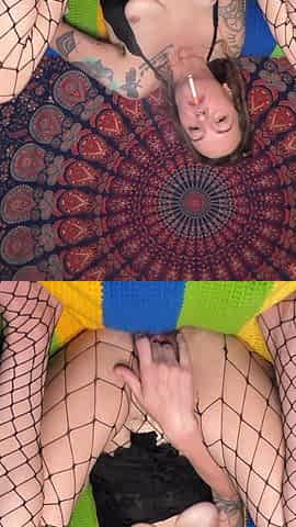 Brunette Babe in Fishnets- Smoking Fetish Masturbation