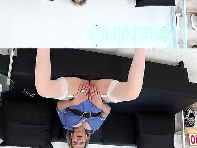 Non stop blonde with big boobs cock jerks off on the bed