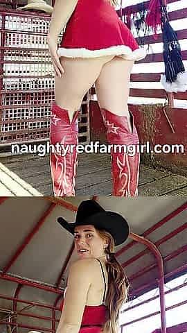 Redhead cowgirls trys on Christmas underware outside in boots