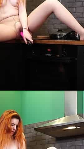 Small tit redhead fucking herself in the kitchen in crotchless pantyhose