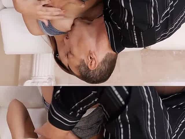 Slim teen Kaia had fun with his big cock, on the couch