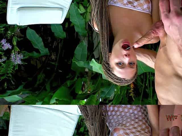 BANG CUTIE IN A WHITE COSTUME IN A POSE DOGGY IN BACKYARD