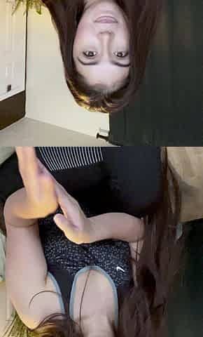 Brunette with foot fetish rubs big dick with her feet in POV