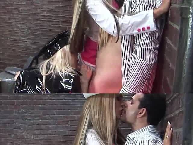 A stud receives blowjob from 2 voluptuous golden-haired hotties in an alley.