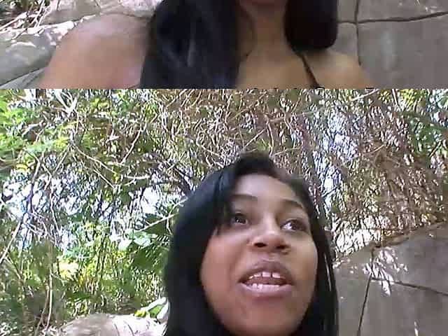 Nubile slut with gigantic ebony puffies plays with stiff