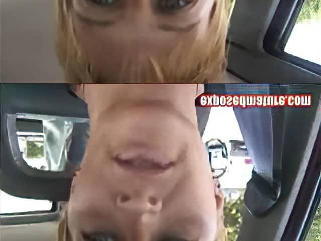 Horny blonde MILF is giving him a POV blowjob inside the car