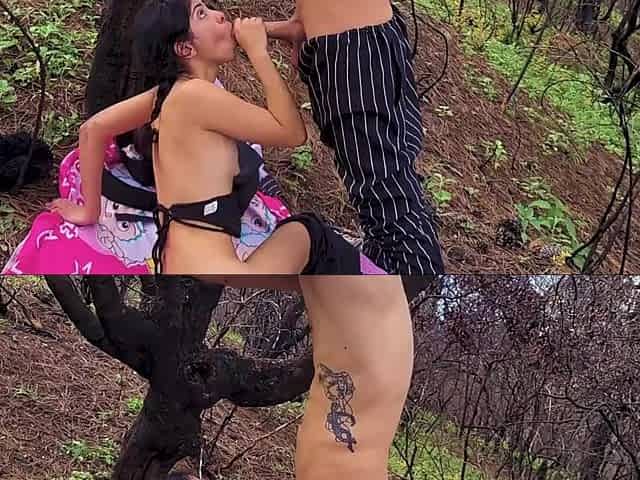 Skinny Petite Brunette Takes Huge Cock Deep in Wild Forest Pound