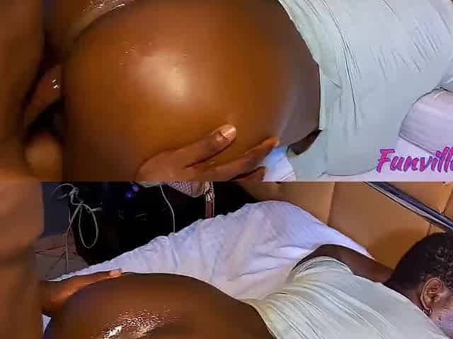 Ebony chick with biggest melon titties positioned for doggy
