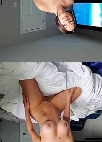 Busty curly brunette with big boobs fucks on couch