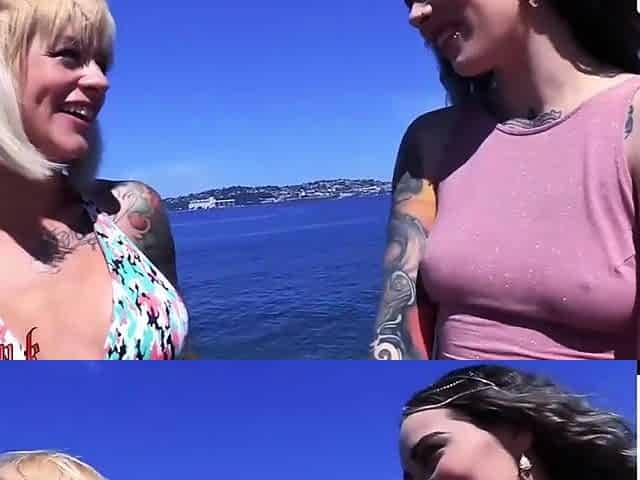 Tattooed ash-blonde and mummy use lube in a threesome