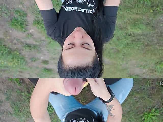 Ponytail Brunette hair Sucks Penis Outdoors