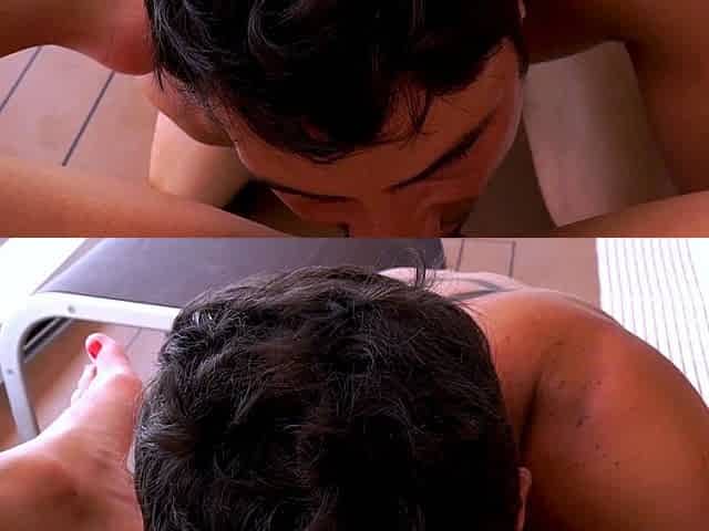 Big tit brunette sucks a big cock POV