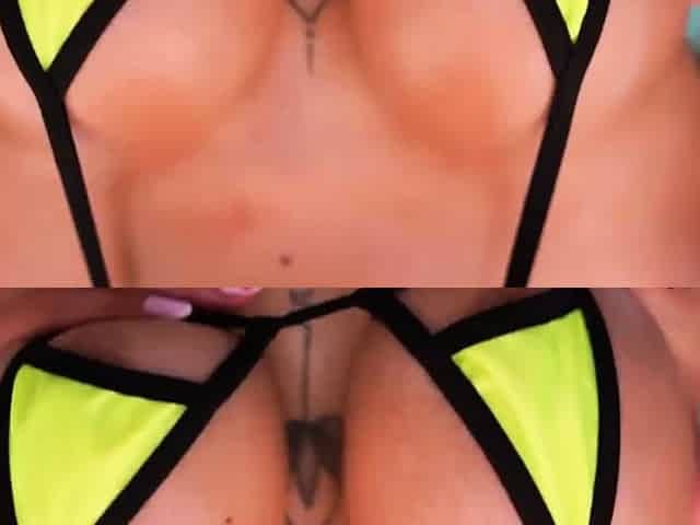Busty micro bikini Latina gags in pool
