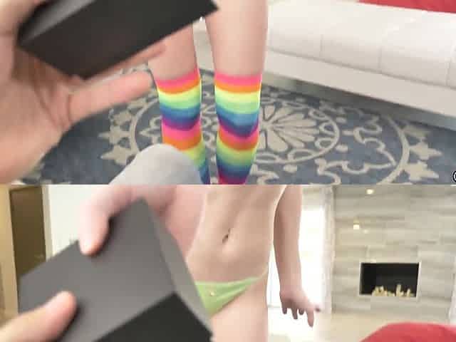 Skinny teen in playful stockings rubs her pussy and has it licked