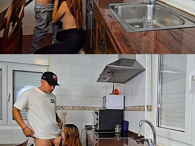 Hot girl invites her boyfriend to the kitchen and asks him for a quick banging