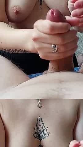 She Jerked off Her Lover's Cock Until It Exploded in a Fountain of Cum