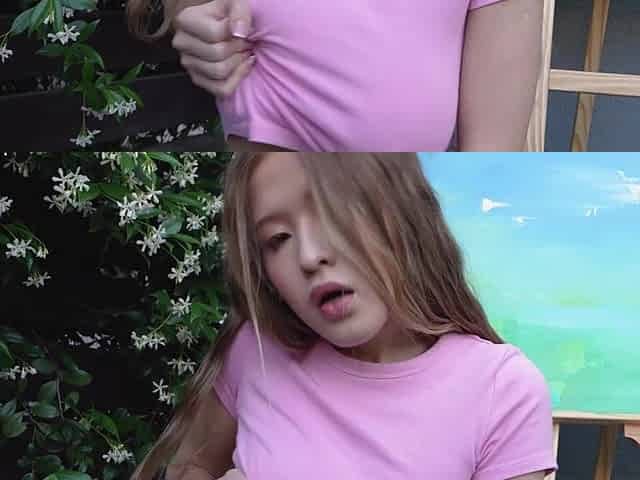 Outdoor kneeling oral-job by petit Oriental gal with large boobs