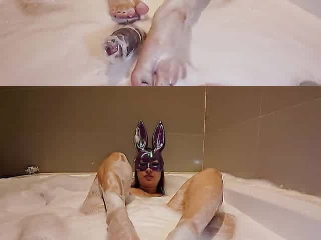 Purple Bunny Mask Redhead Soapy Footjob in Bubble Baths