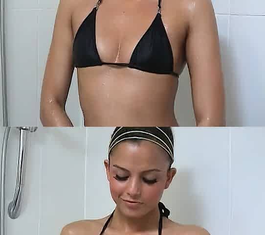 Youthful Soaked Brunette hair Sasha Plays with Her Twat, Oils and Foams Her Body in the Shower