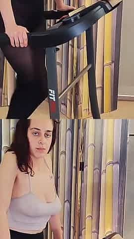 Big Tits Wiggle on a Treadmill Increasing Speed Leggings Gym