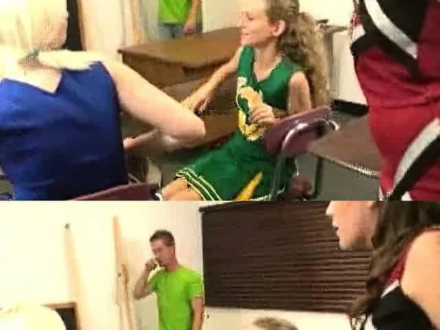Mean girls stroke off Joeys boner in a cock rubing handjob