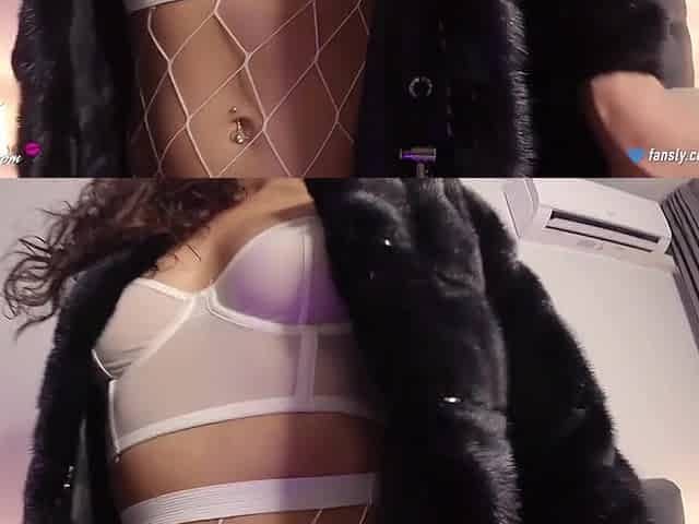 Hawt Brunette hair in Furry Coat and Fishnet Tights Masturbates Her Snatch with Her Fingers and Large Sex tool