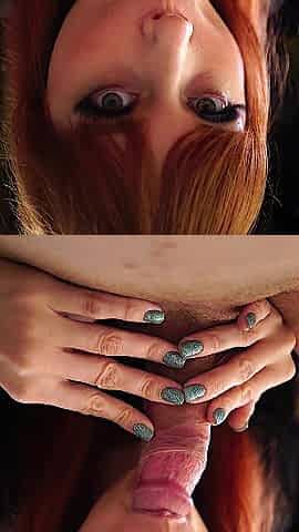 POV close up glamorous redhead blow job with wet cum in throat