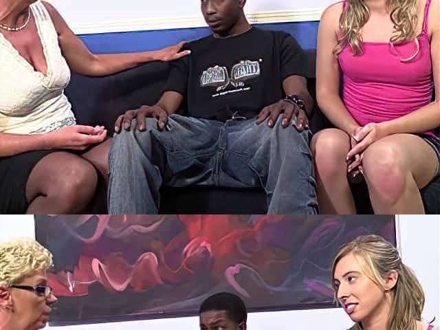 Blond girl and a granny share a black weiner in FFM scene