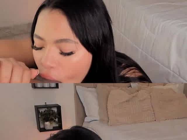 Brunette Babe Licks and Sucks His Balls