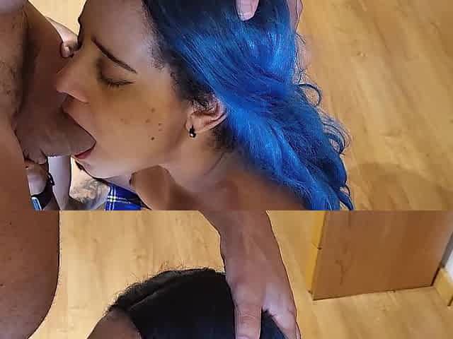 Sloppy oral job leaves face slick with cum